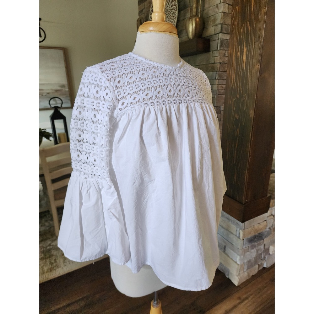 White Eyelet Lace Bell Sleeve Babydoll Top Small Boho